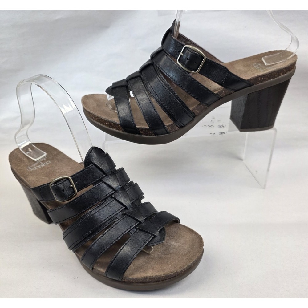 Dansko Dina (Sz 40 9.5-10 US ) black leather strappy chunky heels sandals buckle